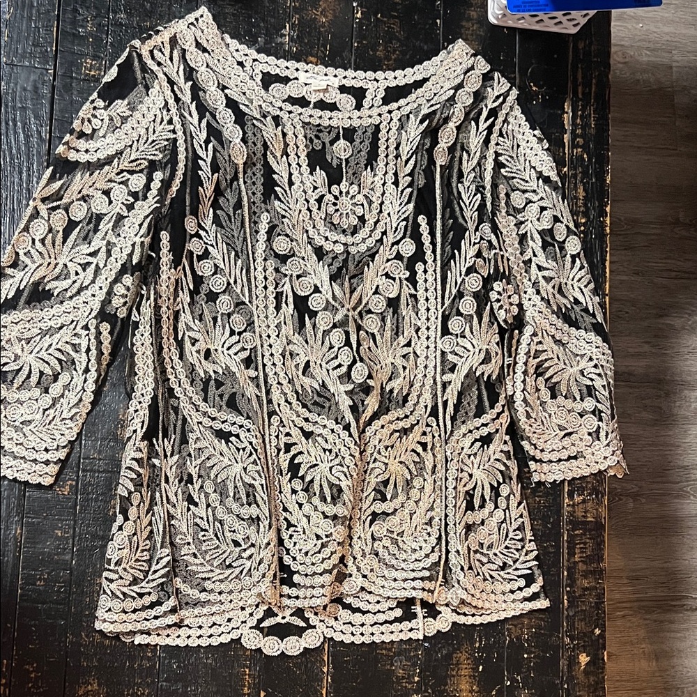 Ultra Pink Elegant Black and Cream Lace Blouse